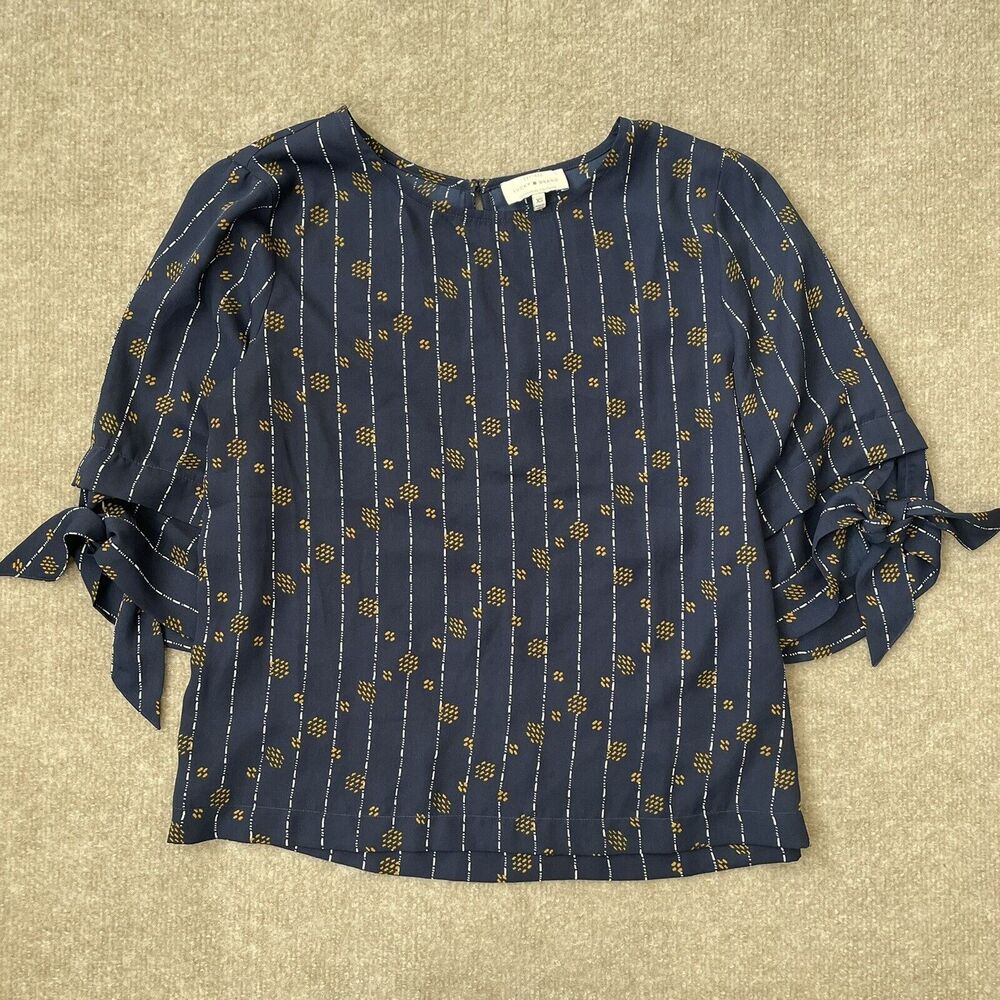 Lucky Brand Shirt Womens XS Navy Blue Tie Sleeve Thin Lightweight Blouse Top